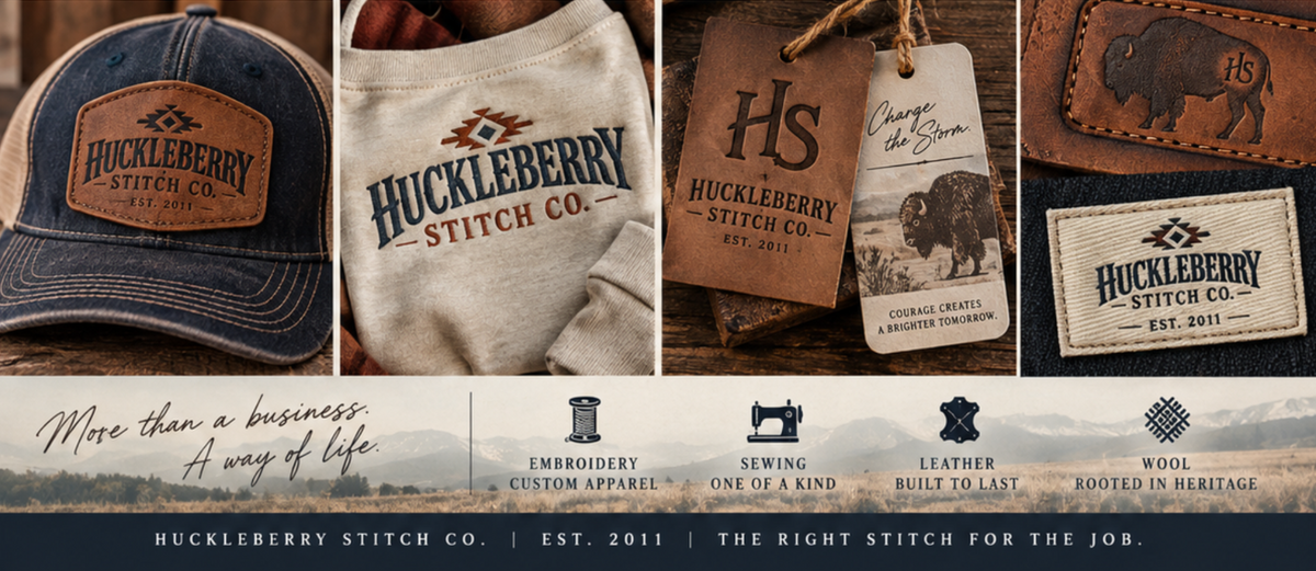 A promotional collage for Huckleberry Stitch Co. showing multiple embroidered and printed logo examples on different materials: a blue denim cap, a white sweatshirt, kraft paper tags, and a brown leather patch, plus a banner with service icons and text including 'Embroidery', 'Custom Apparel', 'Sewing', 'Leather', 'Wool', and 'Rooted in Heritage'.