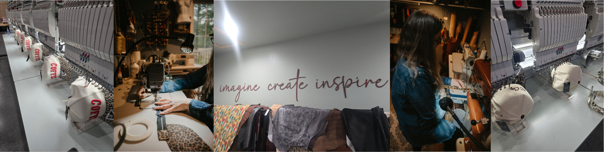 A panoramic collage showing a sewing and embroidery workshop with multiple industrial embroidery machines, a seated woman working at a table, and a central wall with the words 'imagine create inspire'. The image appears to depict a service, workshop, or craft environment rather than a single sellable product.